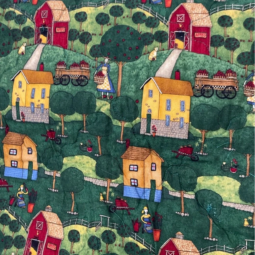 Handmade Lap Quilt‎ Cottacore Yellow Check Village Scene Green Border